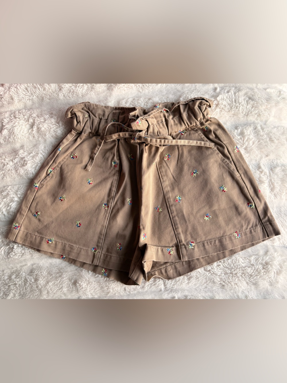 High-Waist Taupe Paperbag Shorts with Floral Embroidery